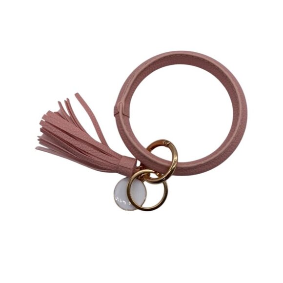 Leather Tassel Bangle Keychain Pink With Gold Rings & Charm Wristlet For Women - Picture 3 of 4
